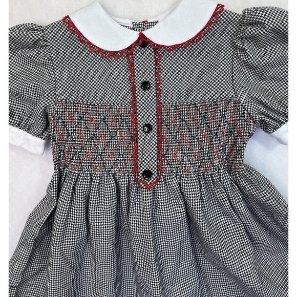 Baby Togs Smocked Dress Black Check Red Trim Girls 5 Puff Sleeve - Picture 2 of 9